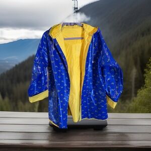 Kids Yellow Vinyl Raincoat/Blue Whale Print /Waterproof Hooded Jacket, Size M